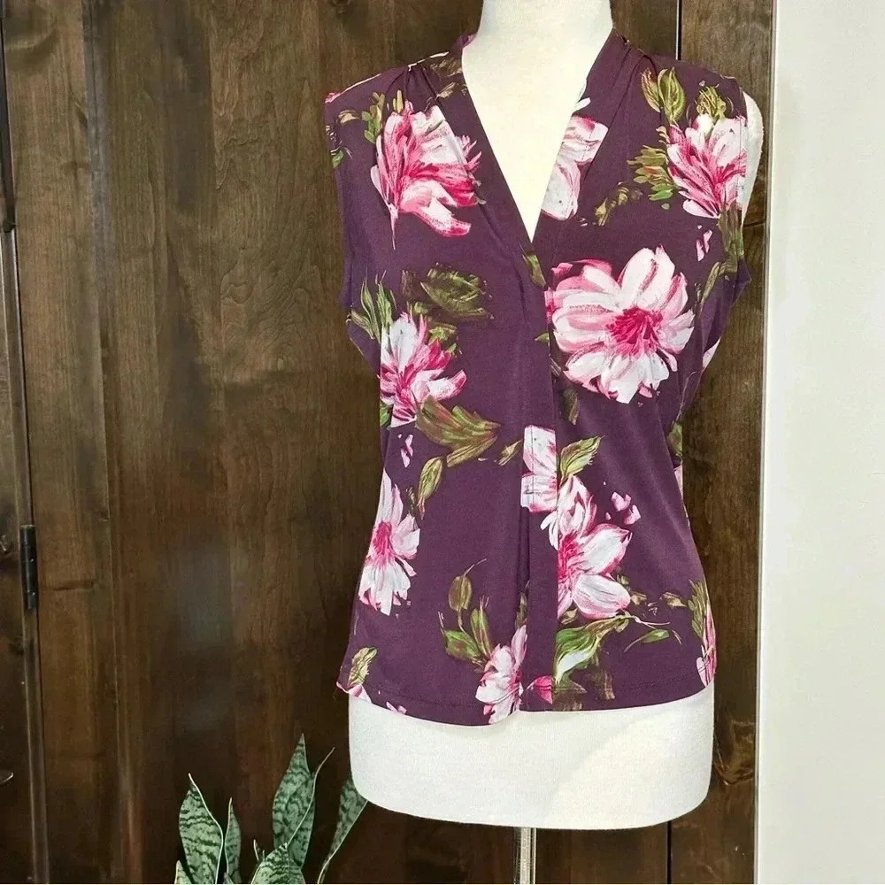 Calvin Klein sleeveless blouse maroon with pink florals vneck women’s top